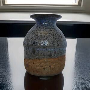 Studio Art Pottery Stoneware Vase Blue Gray Glaze Two Tone Design Unglazed Base